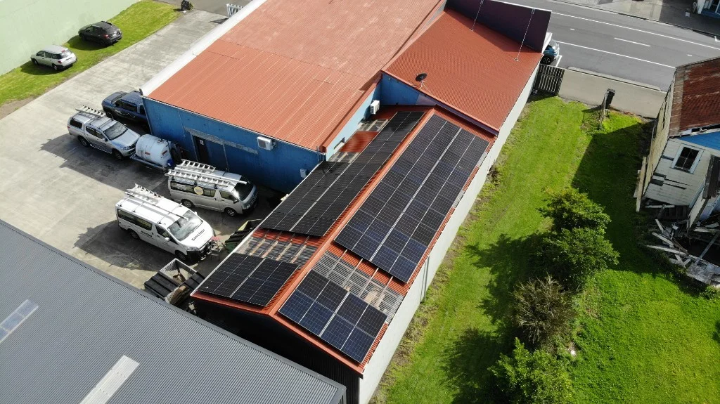 Aerial view of a 30kW commercial solar installation in Taranaki